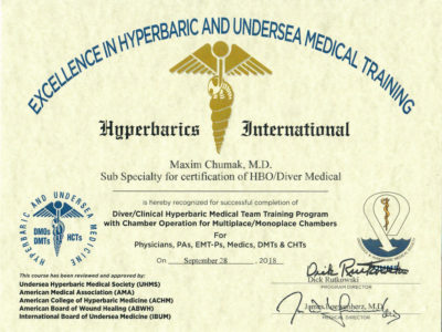 Maxim Cumak MD Certification of HBO-Diver Medical